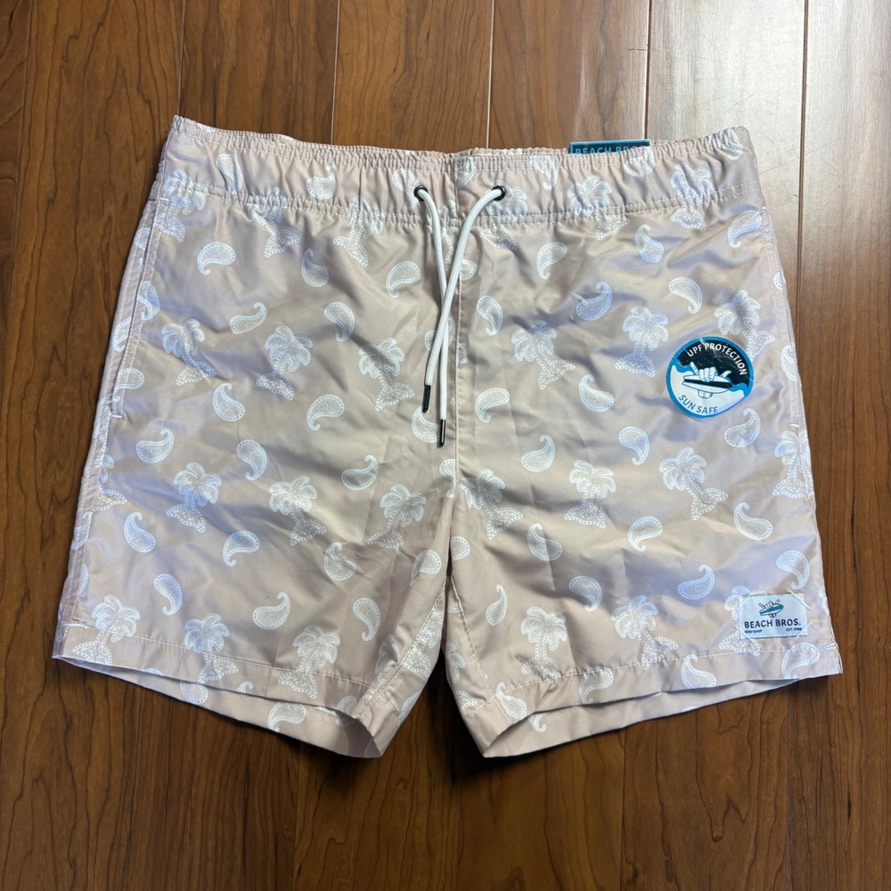Beach Bros Mens XL Tan Paisley Palm Tree Quick Dry Swim Trunks NWT